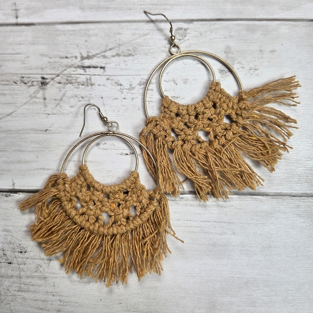 Boho Fringe Hoop Earrings in Mustard Tan Double Hoops Macrame'